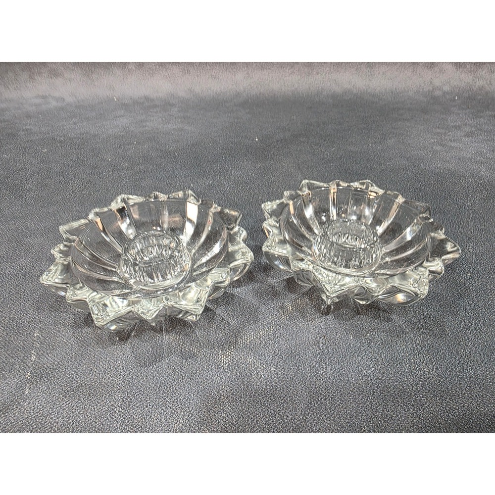 Vintage Clear Glass Lotus Flower Taper Candle Holders Set of 2 Scalloped Star